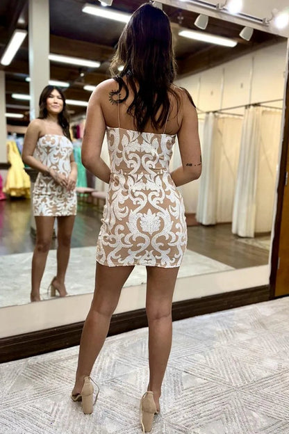 Bodycon Spaghetti Straps Sequin Lace Short Homecoming Dresses