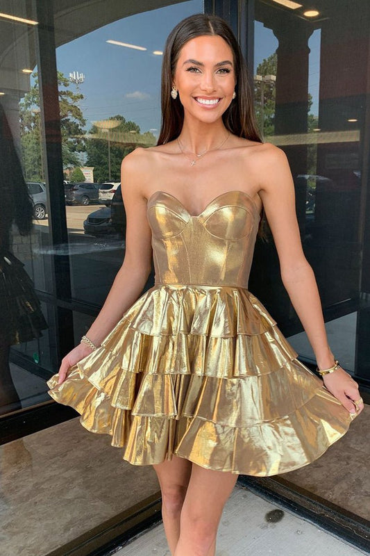 Sweetheart Gold Metallic A-line Ruffle Homecoming Dresses