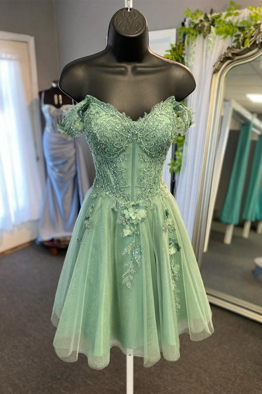 Sage Off-the-Shoulder Beaded Appliques A-line MIni Dresses