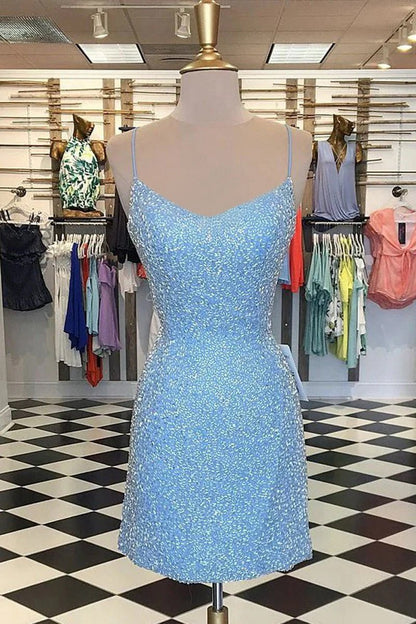 Bodycon Spaghetti Straps Sequins Short Homecoming Dresses with Criss Cross Back