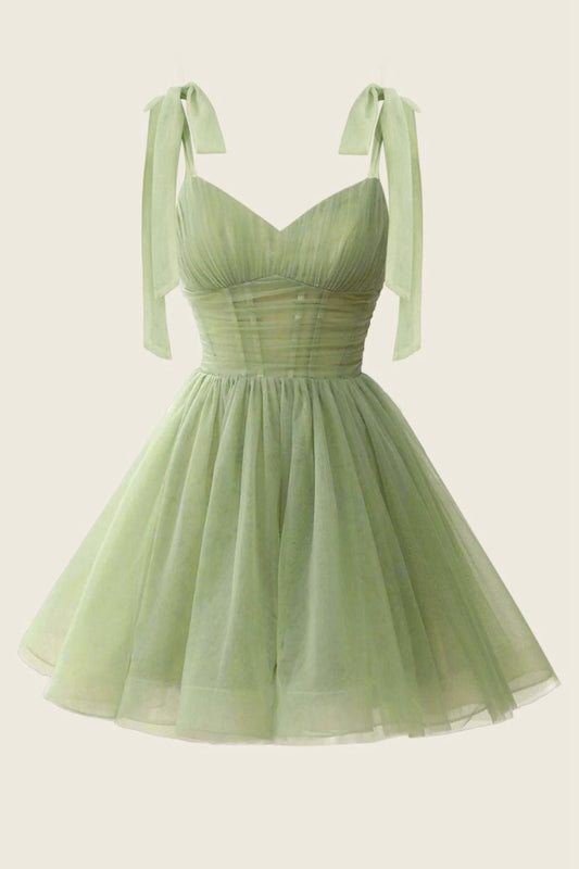 A-line V-Neck Sage Pleated Short Homecoming Dresses