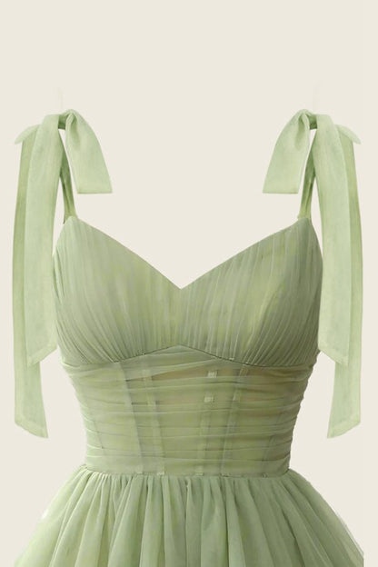 A-line V-Neck Sage Pleated Short Homecoming Dresses