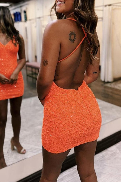 Sparkly Spagehetti Straps Sequins Open Back Homecoming Dresses