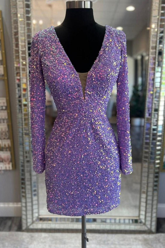 Sequin Lace-Up Short Party Dresses with Long Sleeves