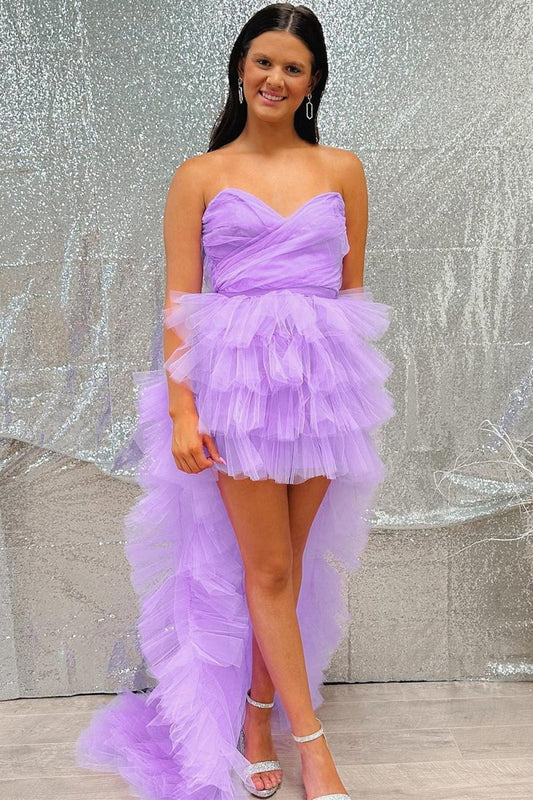 Tulle Strapless High-Low Homecoming Dresses with Ruffles