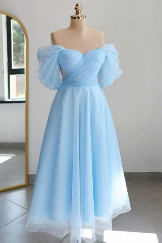 Shiny Tulle Off the Shoulder Tea Length Prom Dresses