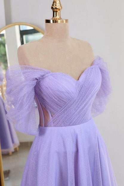 Shiny Tulle Off the Shoulder Tea Length Prom Dresses