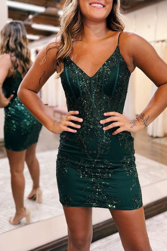 Sheath V-neck Spaghetti Straps Bodice Mini Short Homecoming Dresses