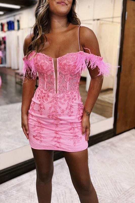 Detachable Off-the-Shoulder Feathers Appliques Fitted Homecoming Dresses
