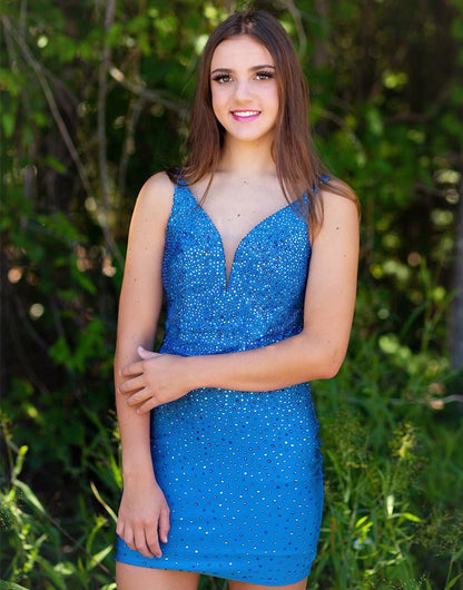 Sheath Beaded Plunging Short Homecoming Dresses