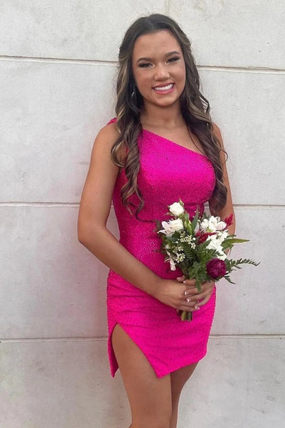 Sparkly One Shoulder Tight Homecoming Dresses with Slit