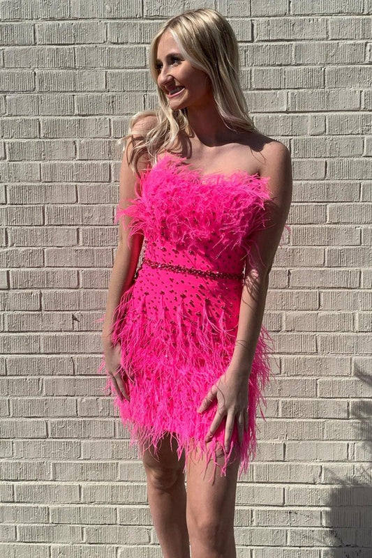 Sheath Strapless Feathers Short Homecoming Dresses with Beaded Belt