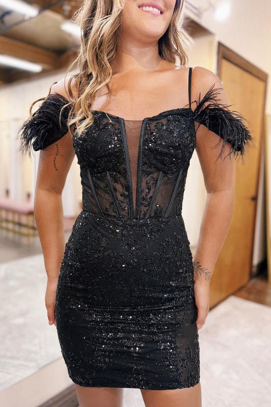Sheath Off-Shoulder Feathers Appliques Lace-Up Homecoming Dresses