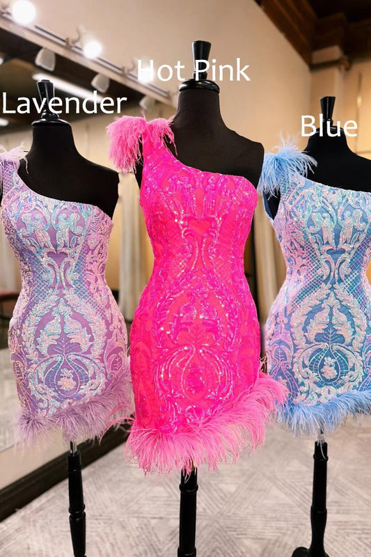 Unique Bodycon One Shoulder Sequins Lace Short Homecoming Dresses with Feather