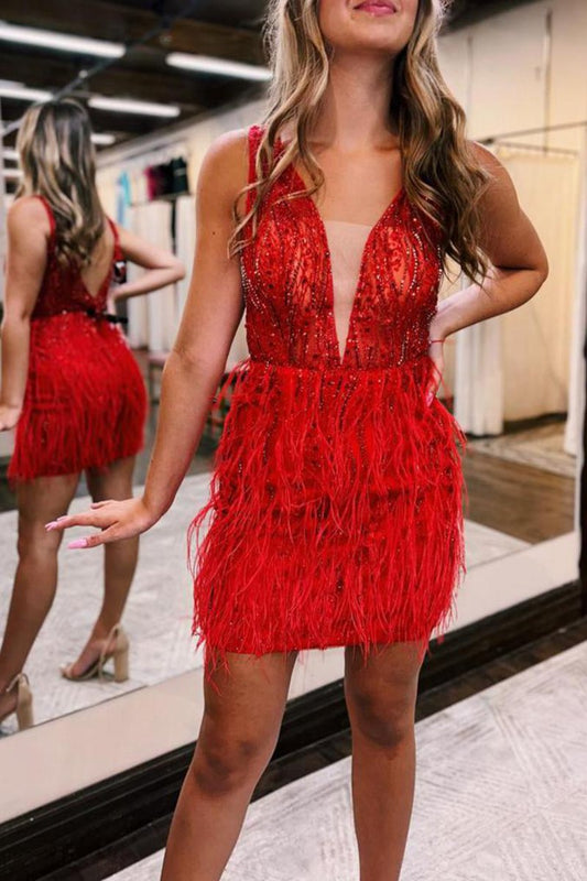 Sheath Satin V neck Feathers Short Homecoming Dresses