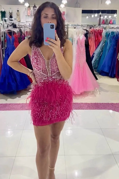 Sheath Satin V neck Feathers Short Homecoming Dresses