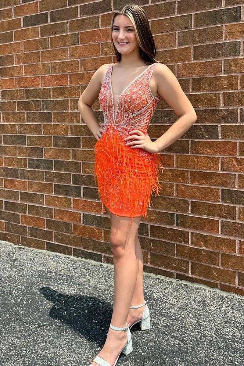 Sheath Satin V neck Feathers Short Homecoming Dresses