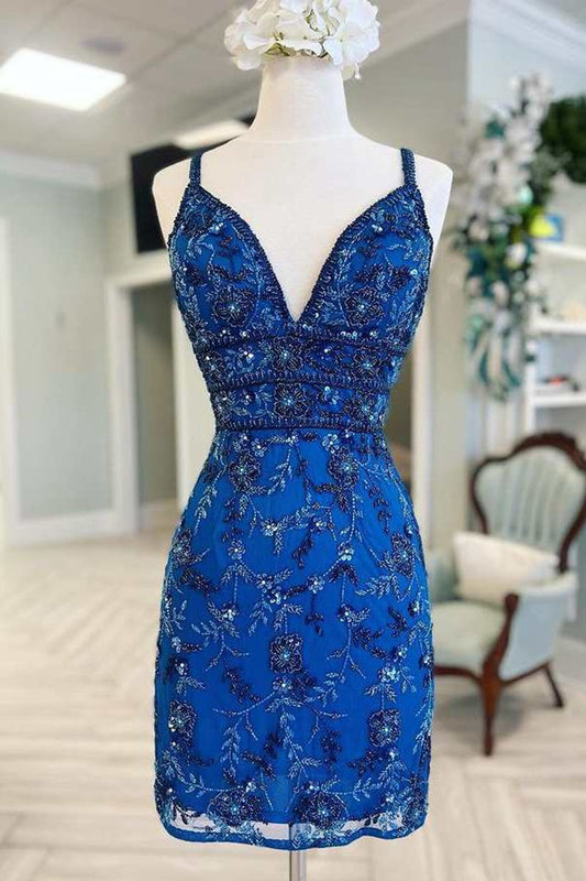 Floral Lace Beaded Lace-Up Back Cocktail Dresses