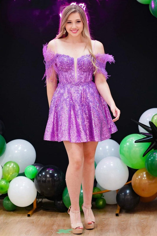 Sequin Feather Cold-Shoulder A-line Short Dresses