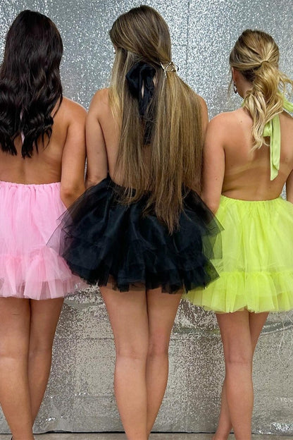 Tulle Halter Short Homecoming Dresses with Ruffles