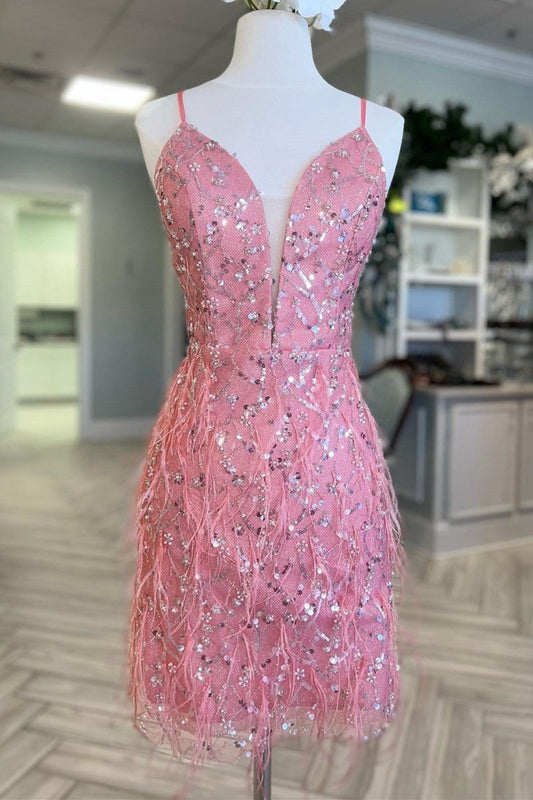 Tulle Sequin Plunge V Short Cocktail Dresses with Feathers