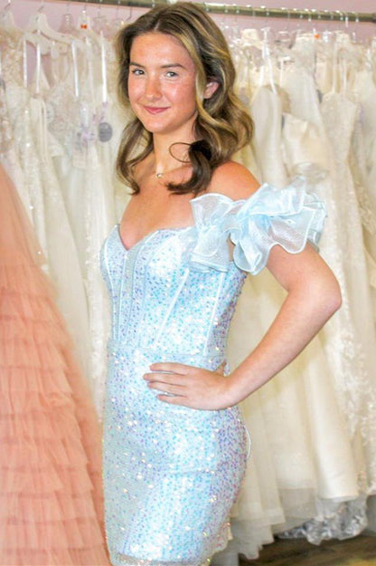 Bodycon Off-the-Shoulder Iridescent Sequin Short Homecoming Dresses