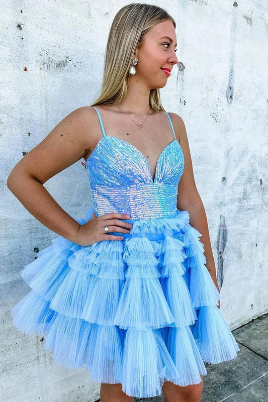 Sequin V-Neck Ruffle Tie Short Homecoming Dresses