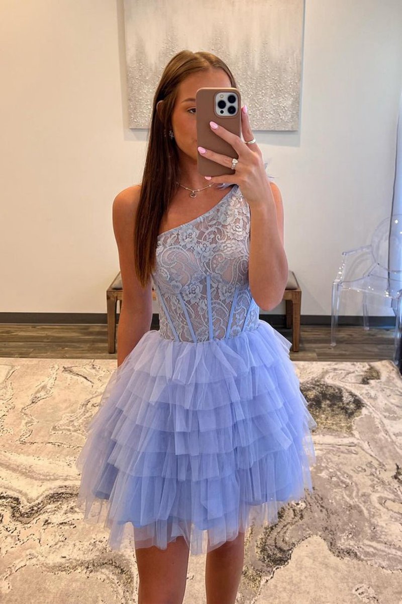 One-Shoulder Lace Ruffle Tie Short Homecoming Dresses