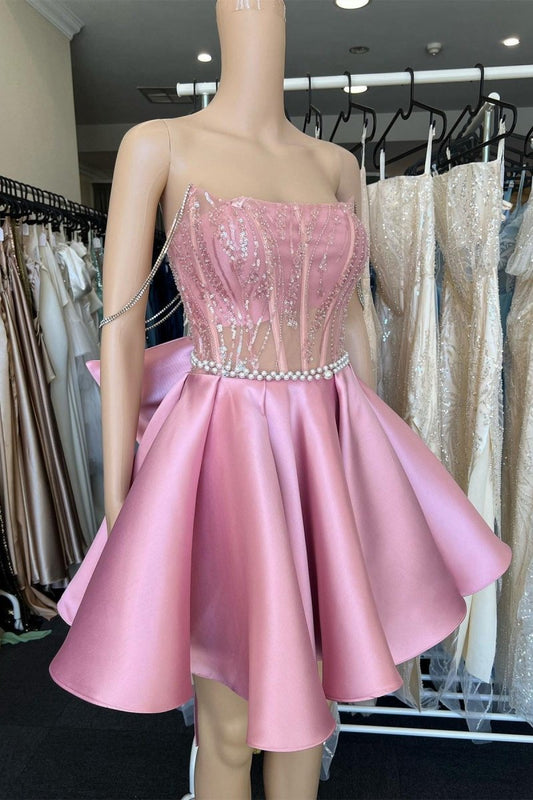 A-line Lace Off-the-Shoulder Bow-Back Short Homecoming Dresses