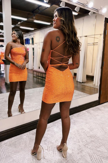 Sheath One Shoulder Lace Up Tight Beaded Homecoming Dresses