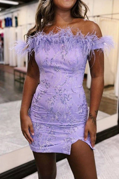 Bodycon Charming Off the Shoulder Homecoming Dresses with Feather