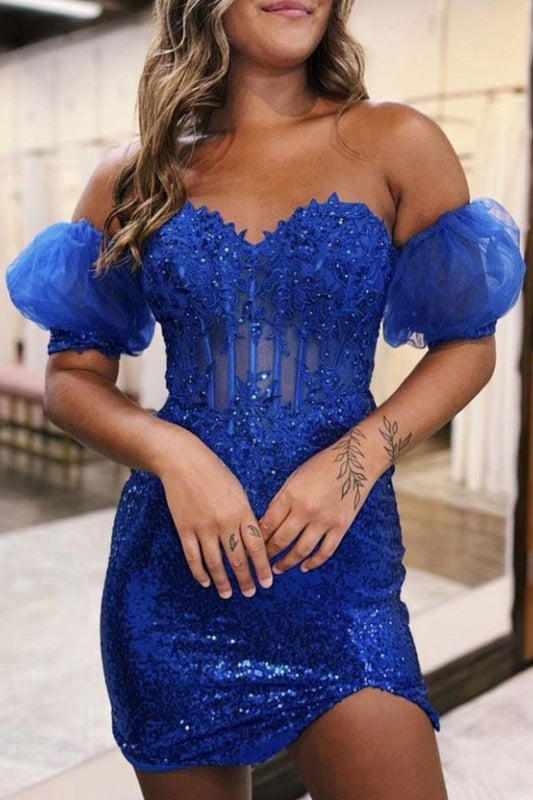 Bodycon Sparkly Sequin Strapless Short Homecoming Dresses with Split