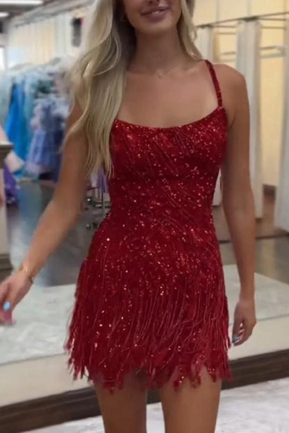 Sparkly Sheath Spaghetti Straps Gold Short Homecoming Dresses with Tassel