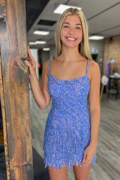 Sparkly Sheath Spaghetti Straps Gold Short Homecoming Dresses with Tassel