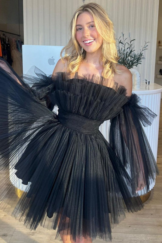 Strapless Ruffle A-line Short Dresses with Detachable Sleeves