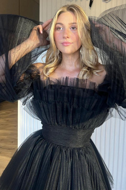 Strapless Ruffle A-line Short Dresses with Detachable Sleeves