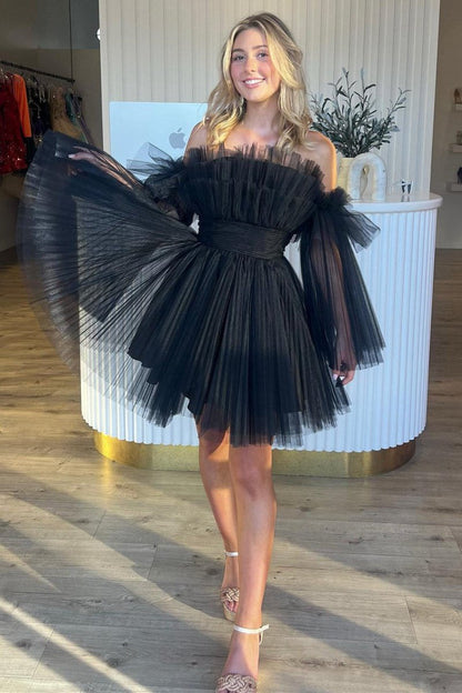 Strapless Ruffle A-line Short Dresses with Detachable Sleeves
