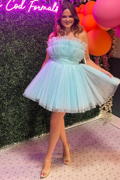 Strapless Ruffle A-line Short Dresses with Detachable Sleeves
