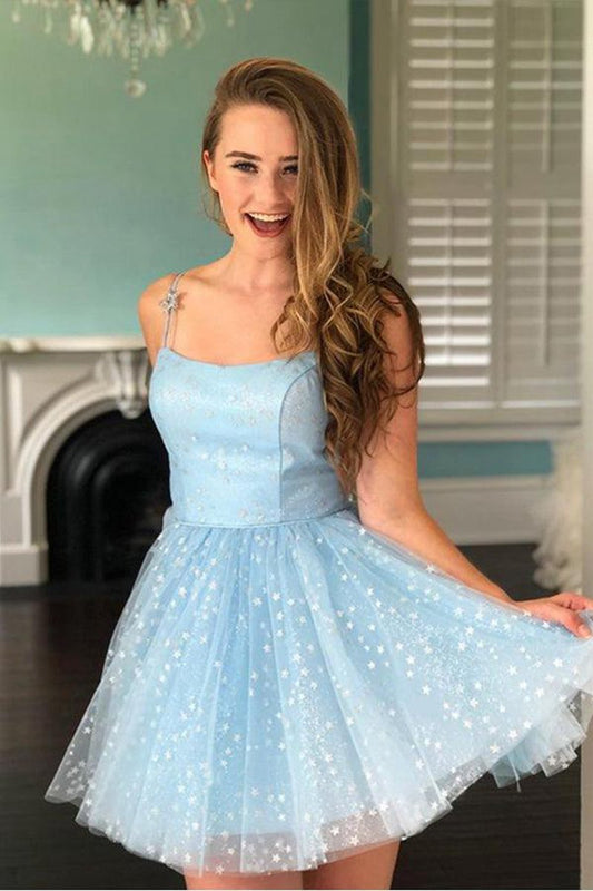 A-line Spaghetti Straps Lace up Short Tulle Above Knee Homecoming Dresses