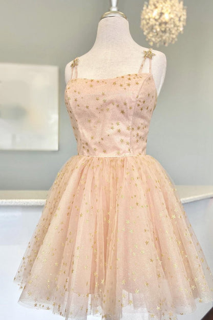 A-line Spaghetti Straps Lace up Short Tulle Above Knee Homecoming Dresses