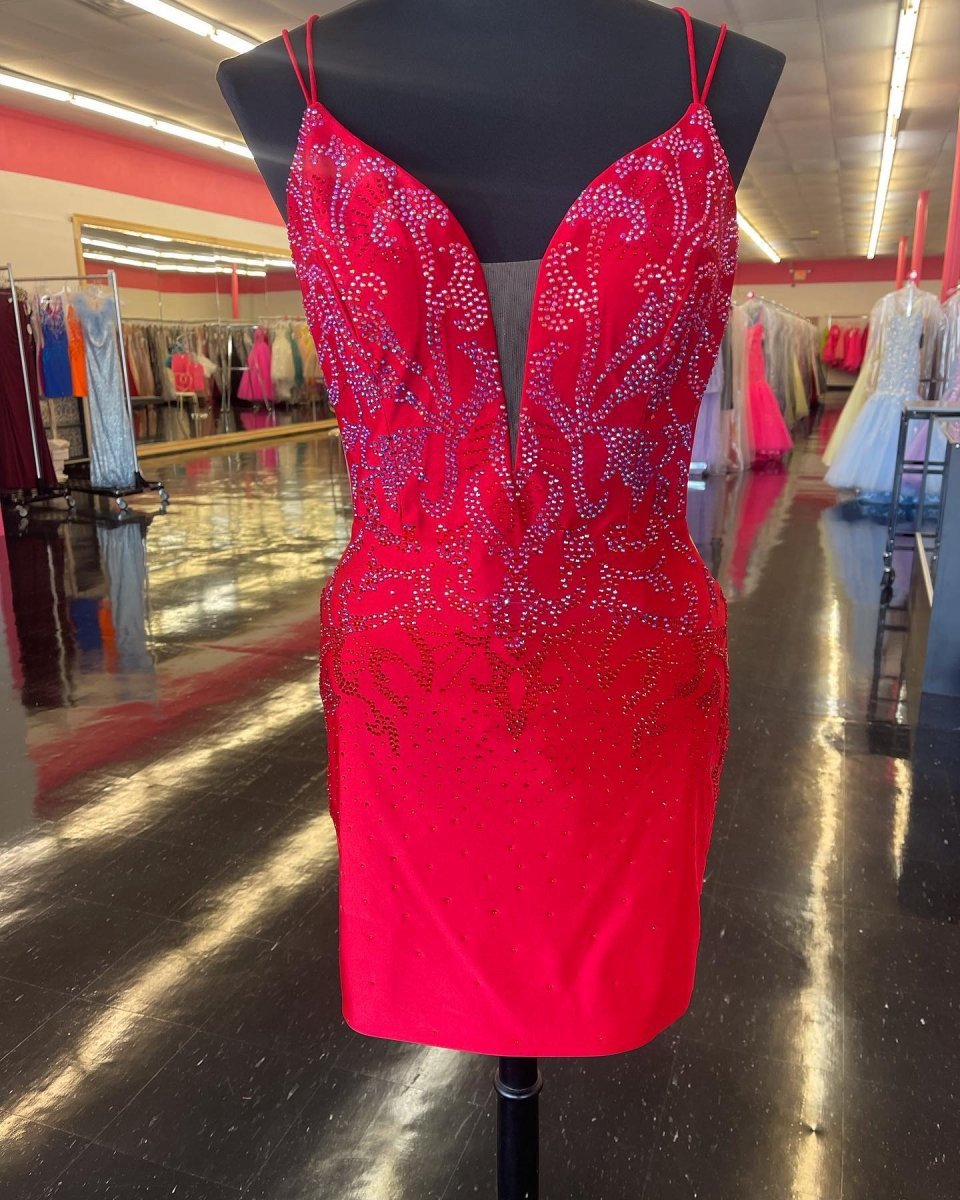 Beaded Plunge V Lace-Up Short Homecoming Dresses