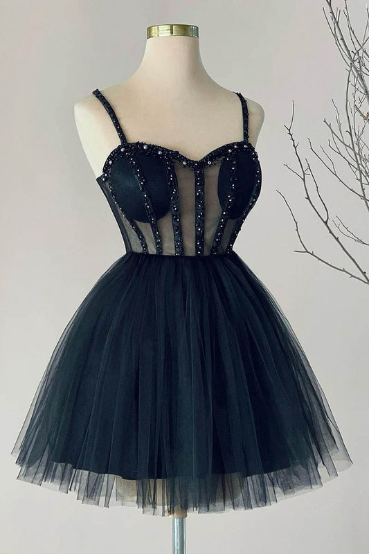 A-line Sweetheart Tulle Beads Short Homecoming Dresses Party Gown