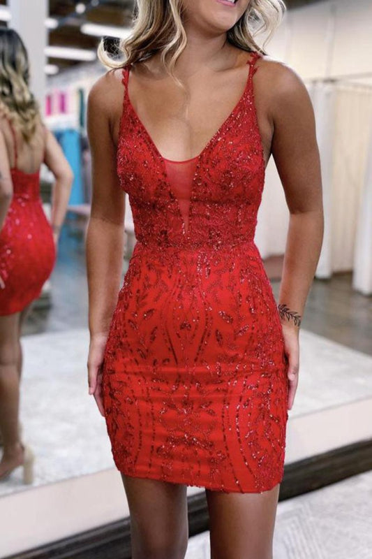V neck Lace Appliques Short Homecoming Dresses Tight Graduation Dresses