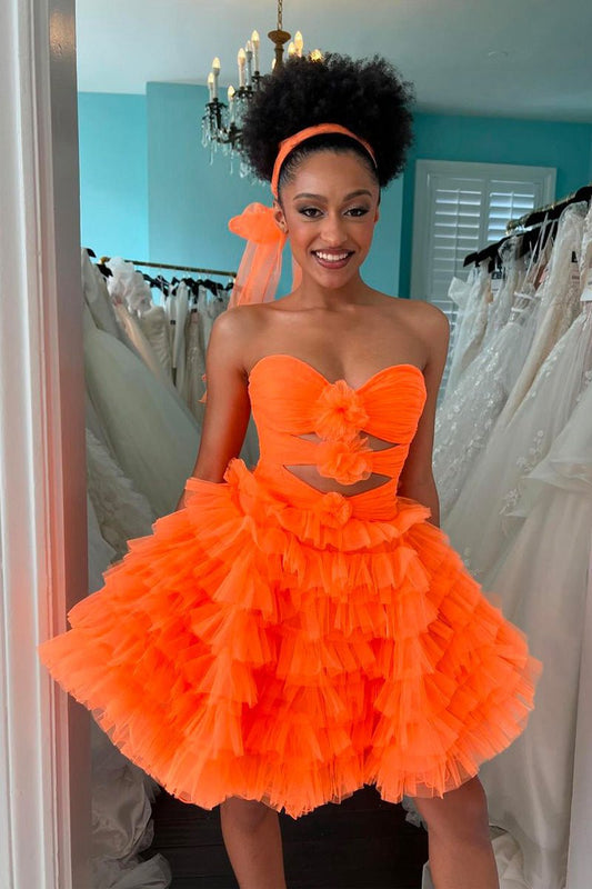 Strapless Ruffle Tie Tulle Short Homecoming Dresses