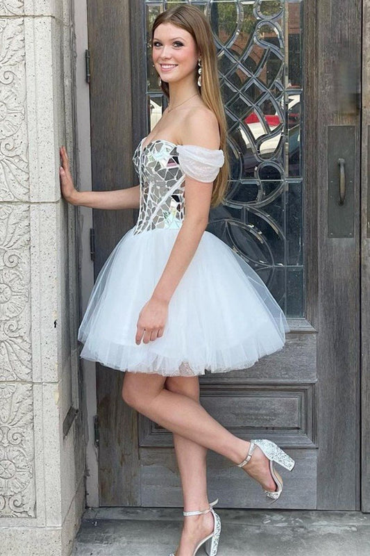 Off-the-Shoulder Short Party Dresses with Cut Glass Mirrors