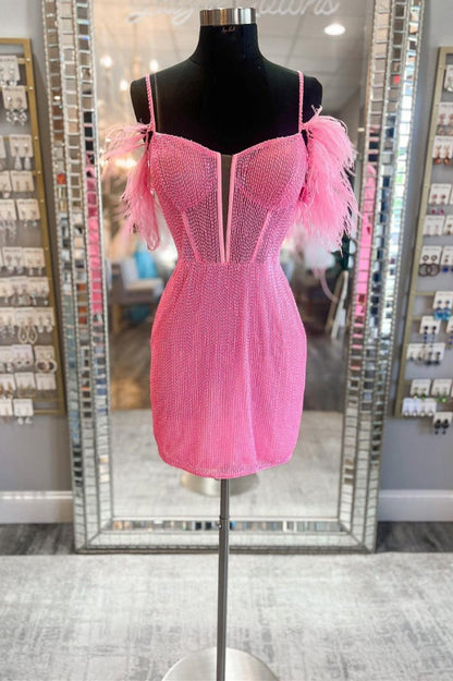 Feather Sleeve Beaded Short Homecoming Dresses