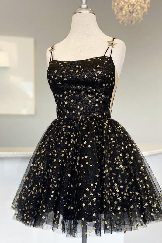 Straps A-line Tulle Homecoming Dresses with Gold Stars
