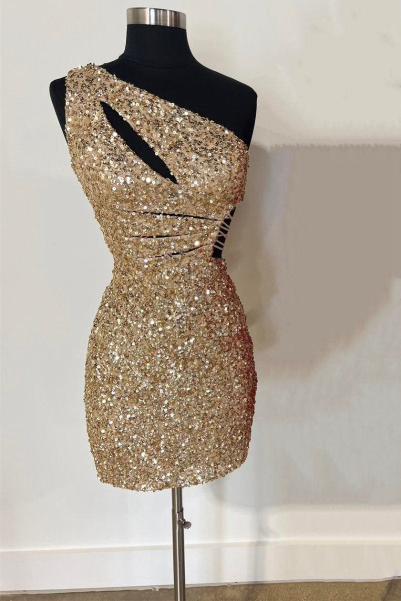 One Shoulder Cutout Sequin Tight Homecoming Dresses