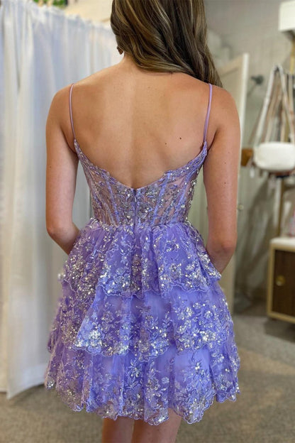 A- Line Sequins Multi-Layers Short Homecoming Dresses