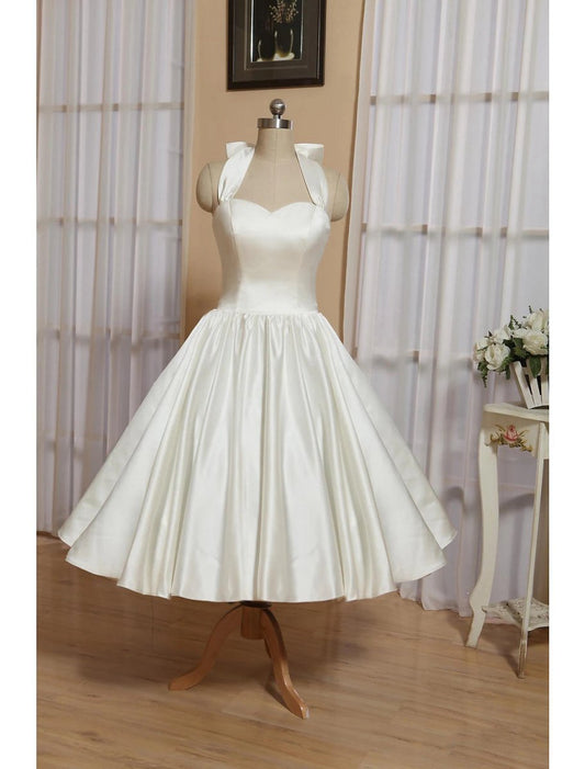 A-line Halter Sleeveless Tea Length Satin Bridal Gowns with Bow(s) Pleats